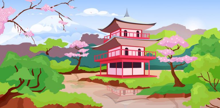 Japanese pagoda and Fuji Mount flat color vector illustration